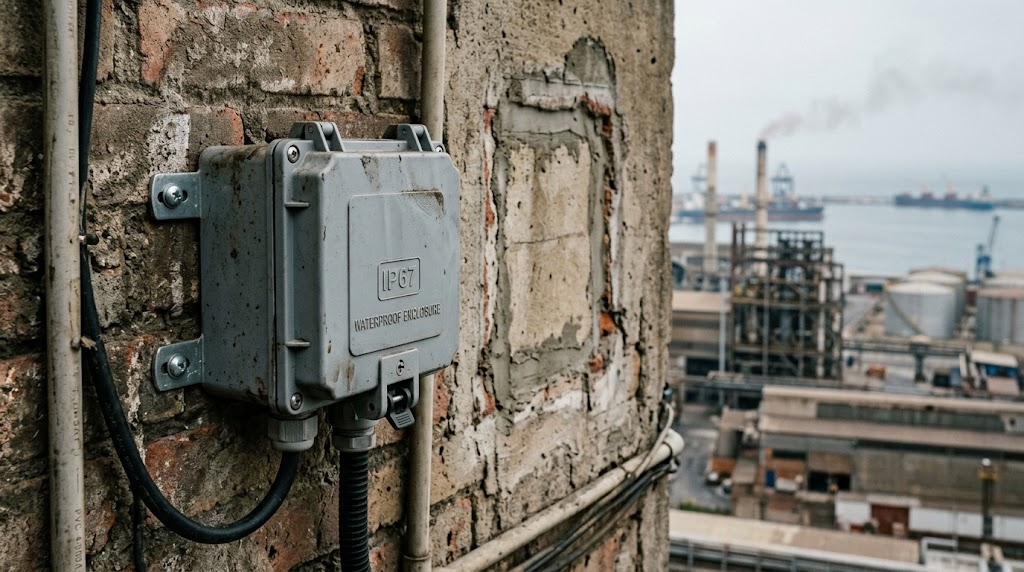 Why surface mount is required for waterproof retrofit projects - IP67 outdoor enclosure installed on wall with flush mount cutout traces in background.png