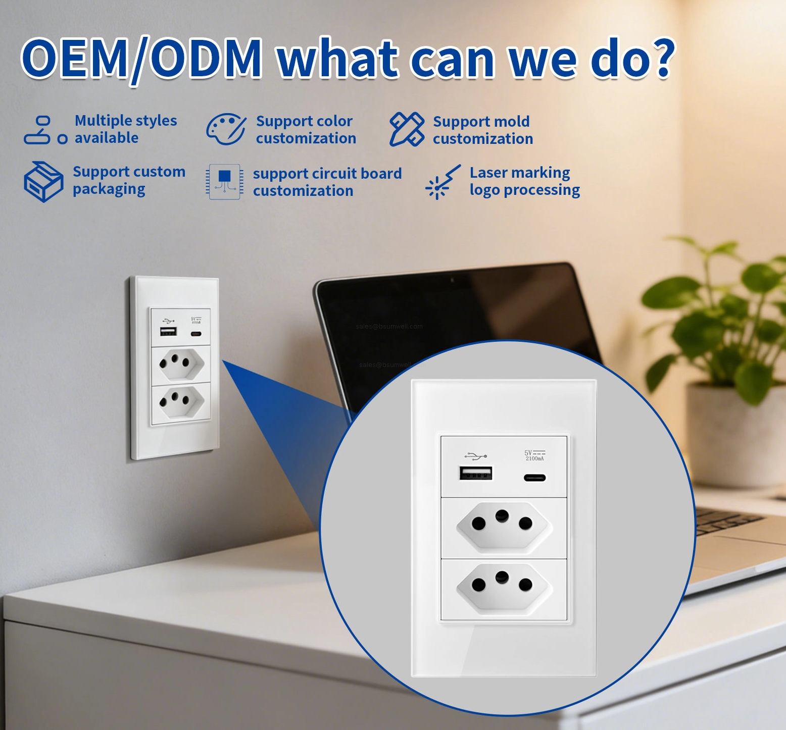 Brazil Standard Smart Switch Wall Outlet White Crystal Glass Panel Electrical Receptacle 10A 20A Power Socket with USB Type C 20W Fast Charger and Cat6 RJ45 Network Module