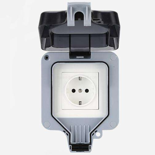 Double Socket Outdoor EU Standard IP66 Weatherproof Wall Power Outlet German Schuko Type Electrical Receptacle Box with Lockable Cover for Exterior Garden