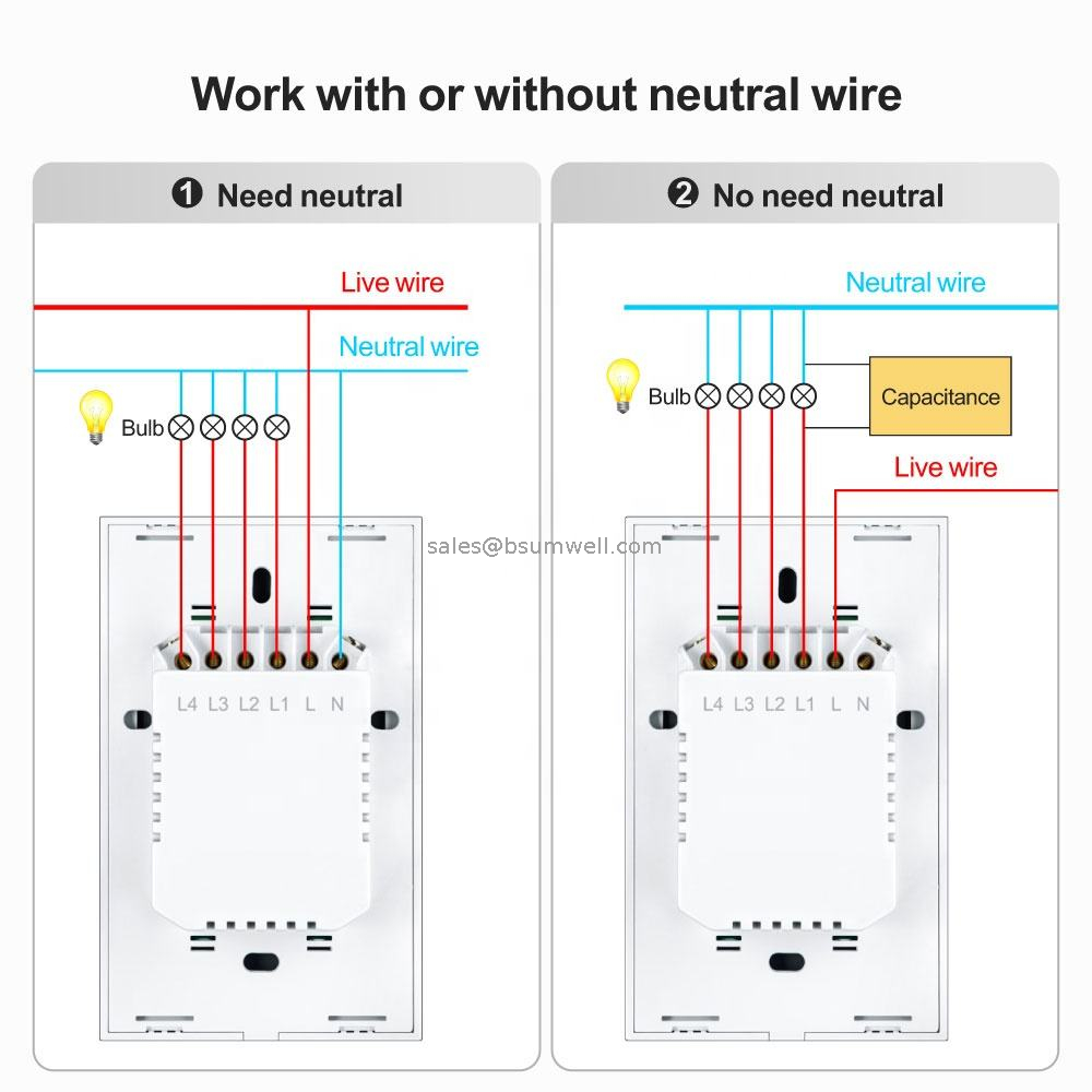 Relay Design 4 Gang Tuya Smart Home Light Switches US Standard No-Neutral Wiring Wifi And BLE Switch