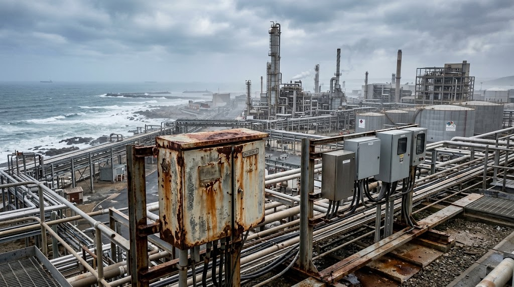 Coastal industrial facility showing localized electrical enclosure corrosion from material selection mistakes.png