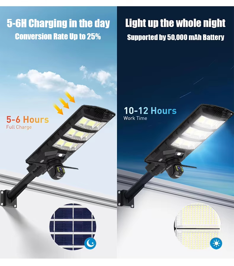 5-6H charging in the day. Conversion Rate Un to 25% Light up the whole night. Supported by 50,000 mAh Battery