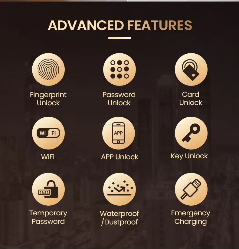 ADVANCED FEATURES Fingerprint Unlock; Password Unlock; Card Unlock; WiFi; APP Unlock; Key Unlock; Temporary Password; Waterproof Dustproof; Emergency Charging.