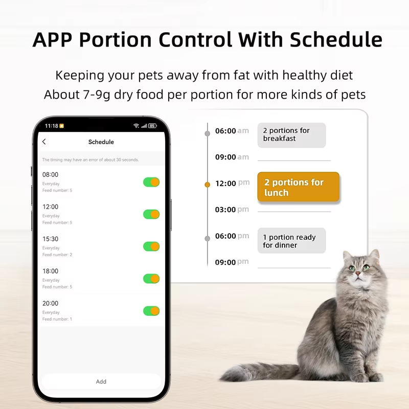 APP Portion control With Schedule Keeping your pets away from fat with healthy dietAbout 7-9g dry food per portion for more kinds of pets