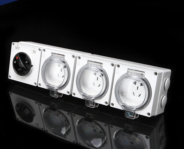 IP66-rated 1-gang switch and 3-gang waterproof socket installed on exterior wall