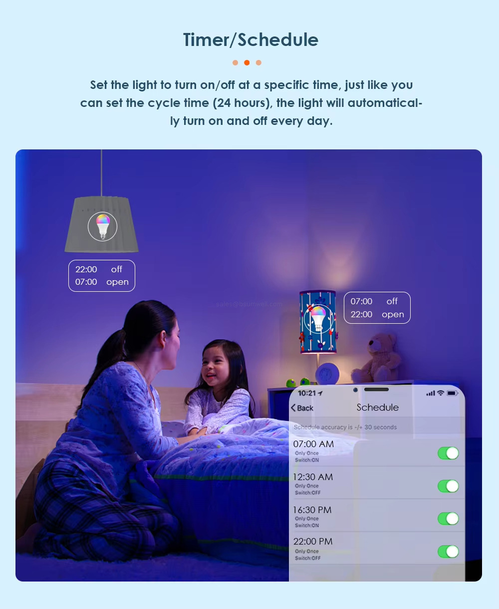 Timer/Schedule Set the light to turn on/off at a specific time, just like youcan set the cycle time (24 hours), the light will automatical-ly turn on and off every day.
