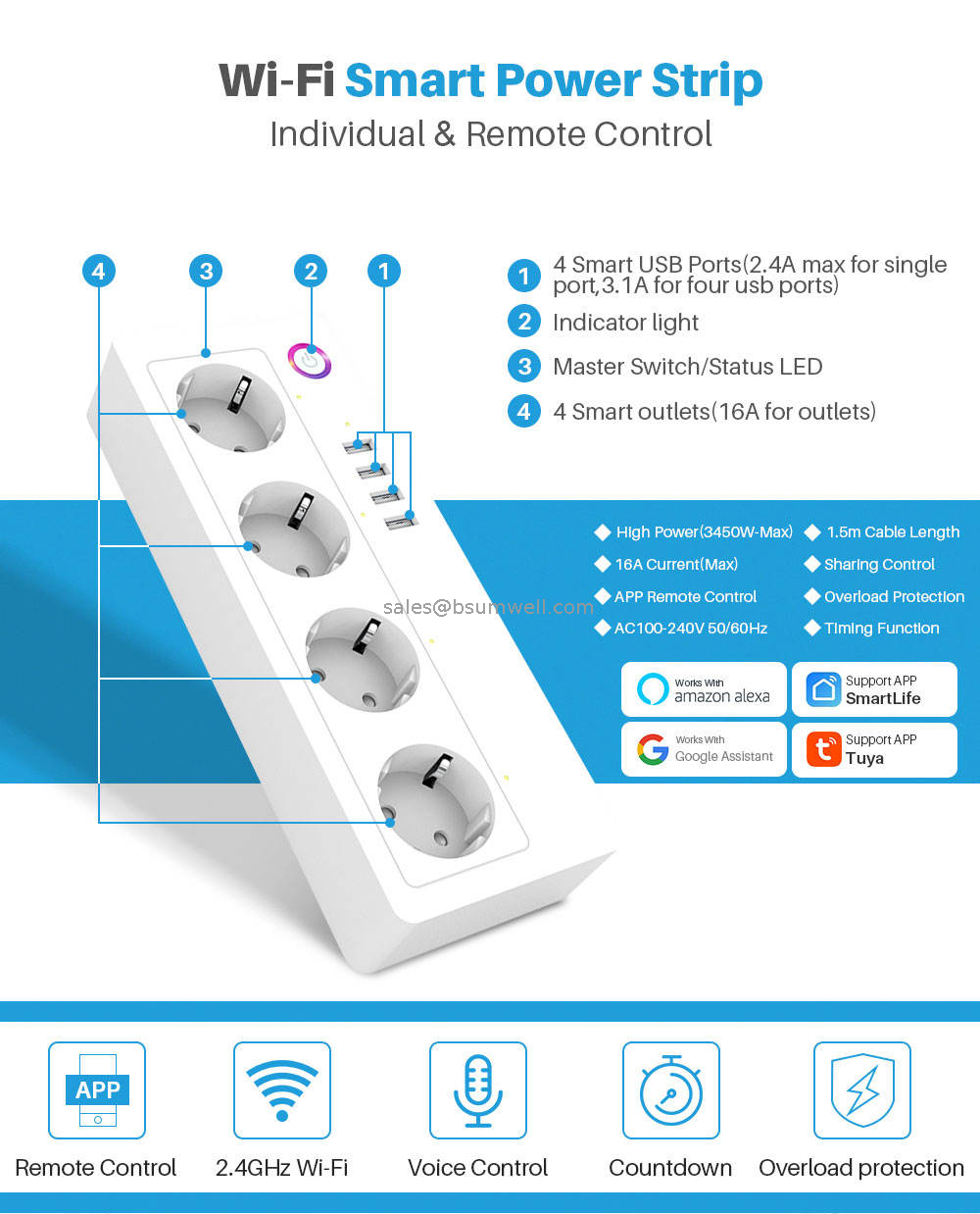 16A EU Smart Power Strip Wifi Tuya Plug Outlet Extender Multi Smart Office Socket Board with 4 Usb Ports Match Alexa