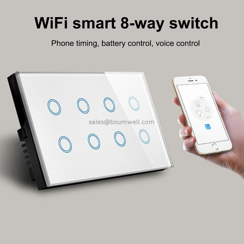 OEM ODM 147*86mm Size Tuya App 8 Gang Wifi Remote Alexa Smart Home Panel Led Light Touch Wall Switch