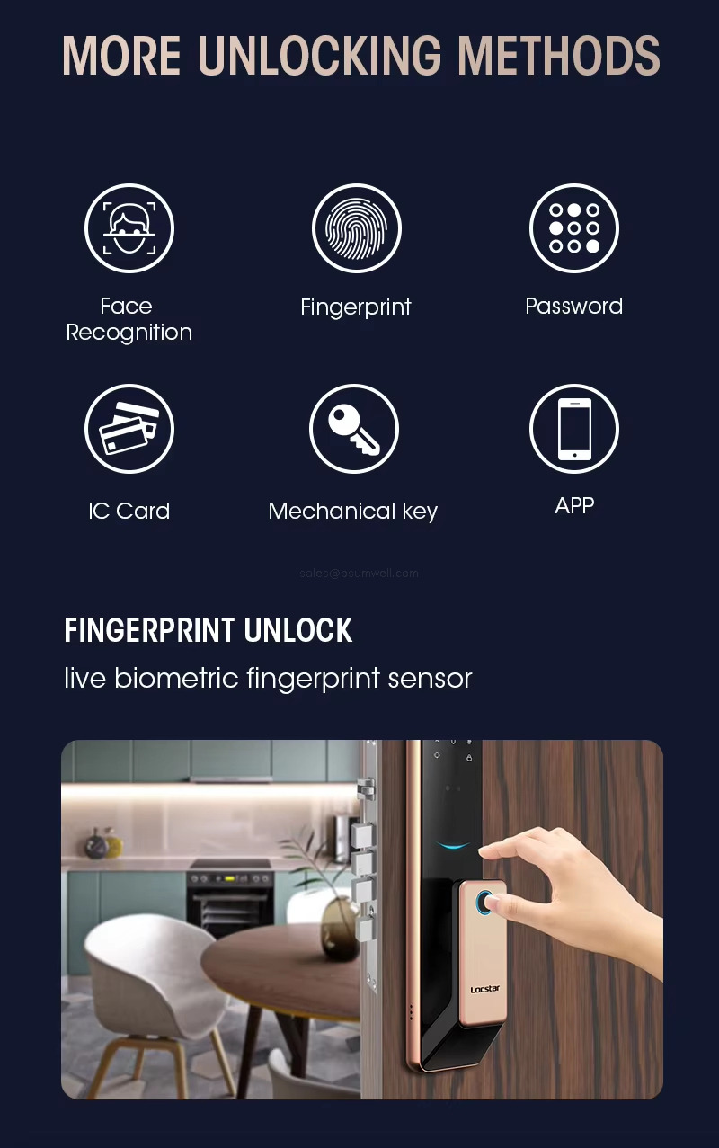 MORE UNLOCKING METHODS Face Recoanition Fingerprint Password IC Card Mechanical key APP FINGERPRINT UNLOCK live biometric fingerprint sensor