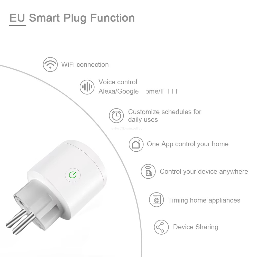 EU Smart Plug Function WiFi connection Voice controlAlexa /Google home/FTTT Customize schedules for daily uses One App control your home Control your device anywhere Timing home appliances Device Sharing