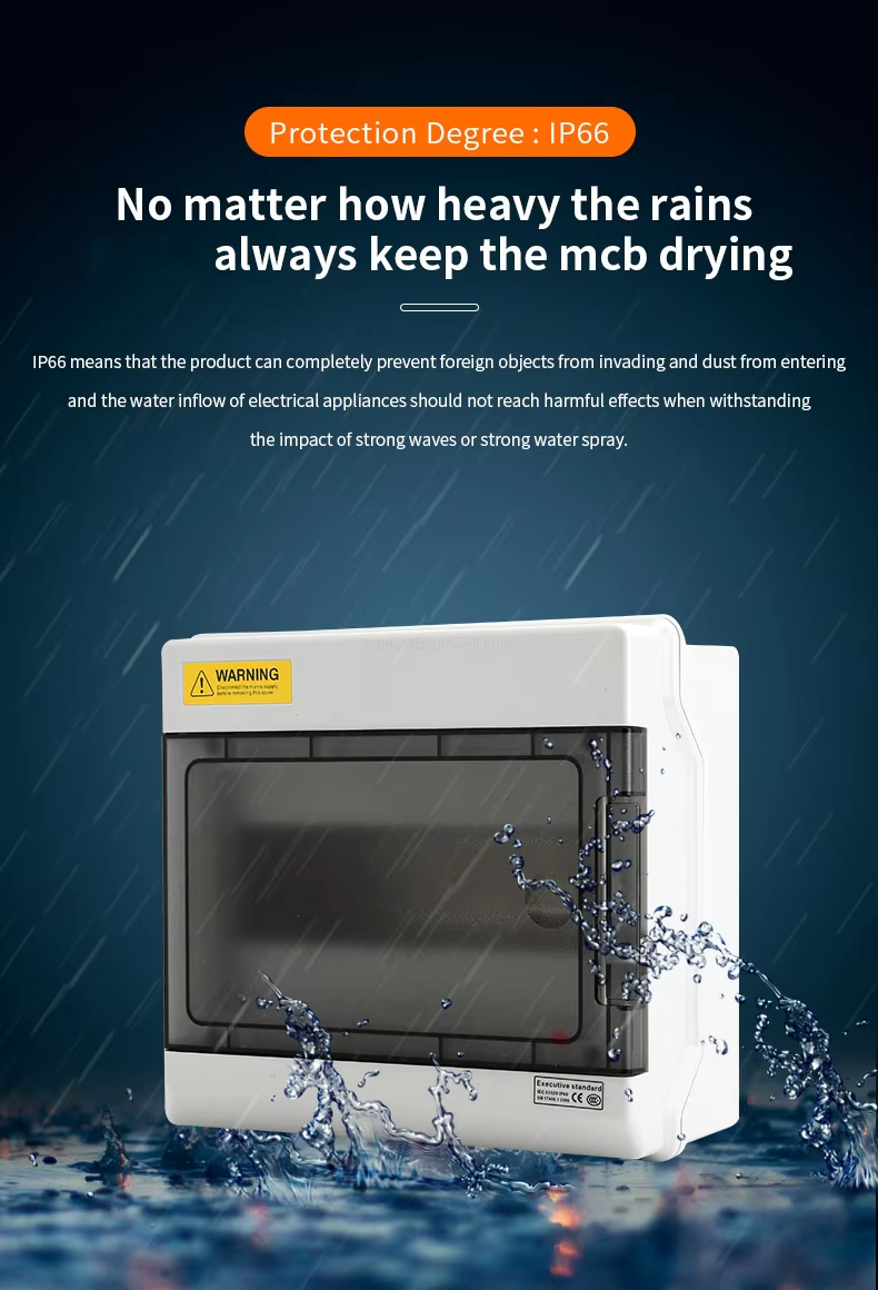 No matter how heavy the rains, we always keep the mcb drying lP66 means that the product can completely prevent foreign objects from invading and dust from entering and the water inflow of electrical appliances should not reach harmful effects when withstanding the impact of strong waves or strong water spray.