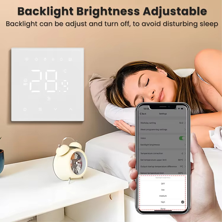 Backlight Brightness Adjustable Backlight can be adjust and turn off, to avoid disturbing sleep