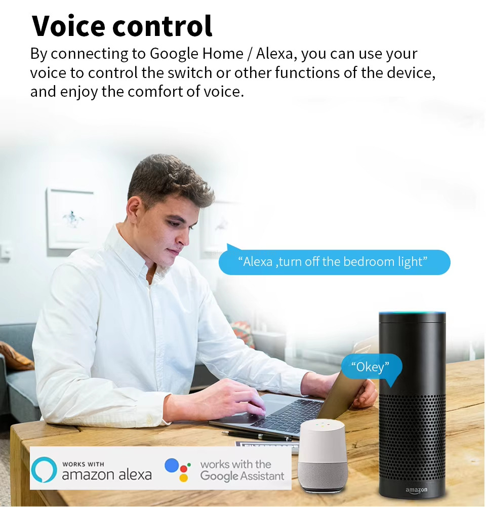 Voice control By connecting to Google Home/Alexa, you can use your voice to control the switch or other functions of the device, and enjoy the comfort of voice.