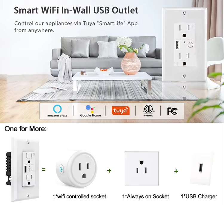 Smart WiFi In-Wall USB Outlet Control our appliances via Tuya "SmartLife" Appfrom anywhere.