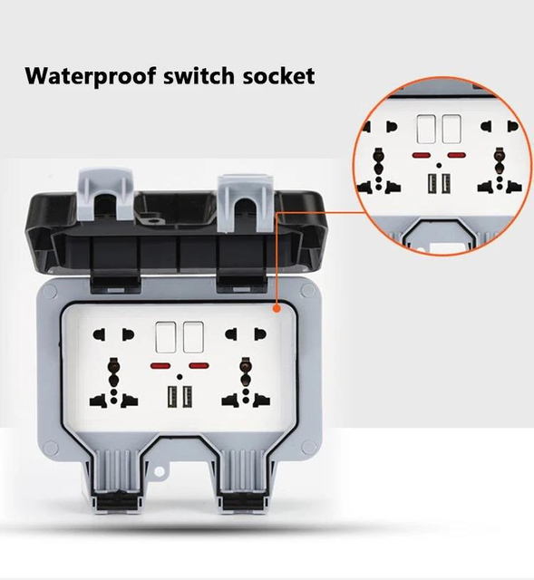 IP66 Waterproof Outdoor Wall Socket Universal Plug Dual USB Ports Weatherproof Electrical Receptacle Box
