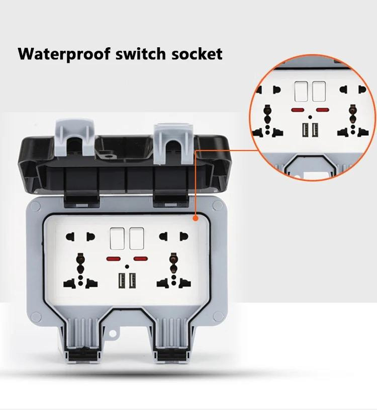 IP66 Waterproof Outdoor Wall Socket Universal Plug Dual USB Ports Weatherproof Electrical Receptacle Box