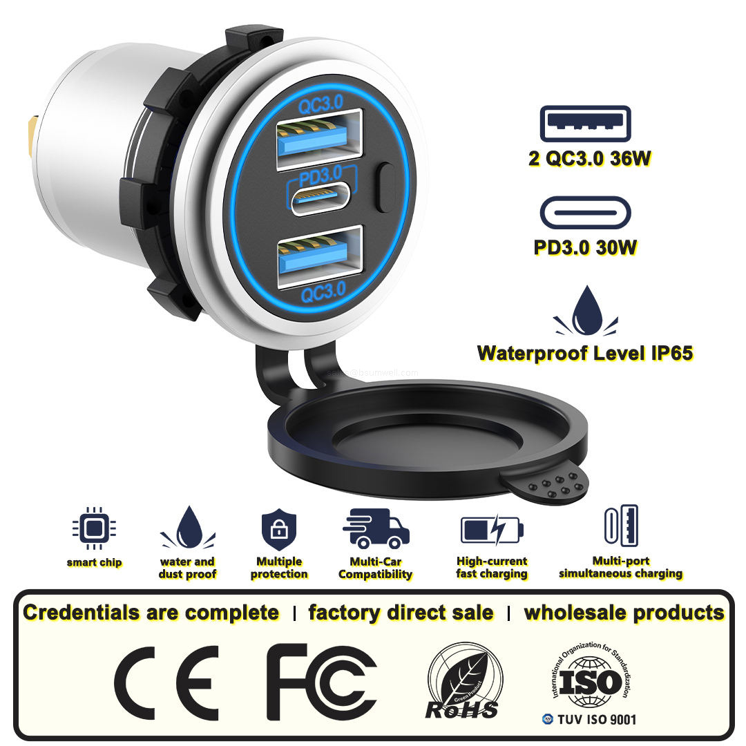 12V 24V 4 in 1 Marine Switch Panel Dual USB PD QC3 Fast Charger Voltmeter Power Socket IP65 Waterproof