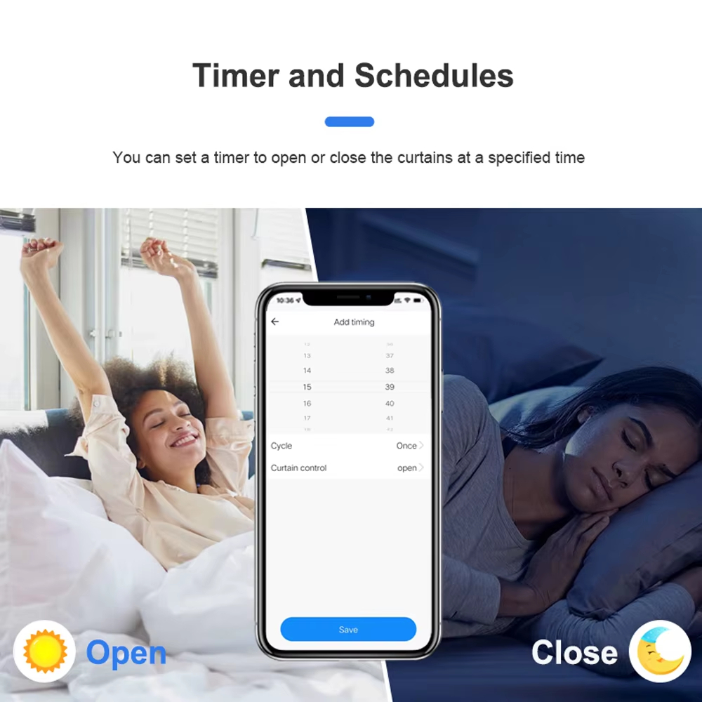 Timer and Schedules You can set a timer to open or close the curtains at a specified time