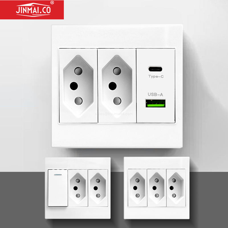 Brazil Standard Wall Socket 86x86 PC Flame Retardant Modular Electrical Outlet with USB Type C Charging Ports and Integrated Wall Light Switches