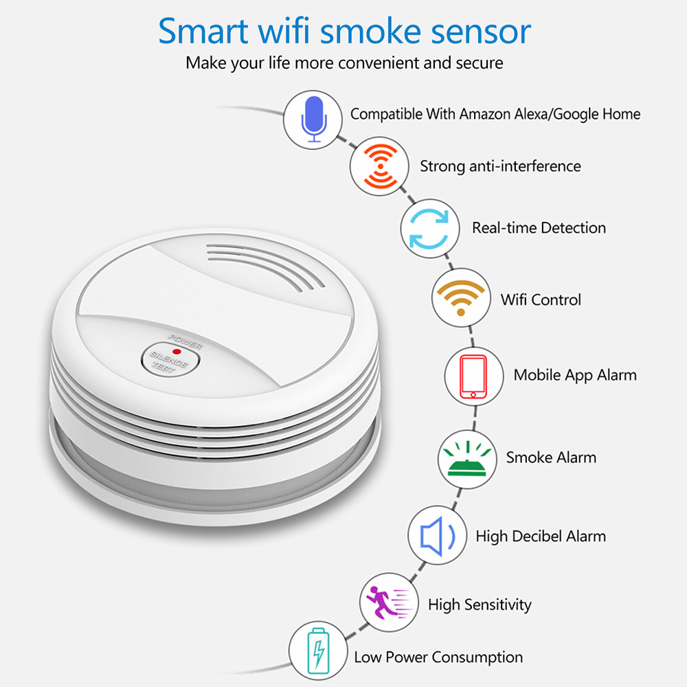 Home Security Alarm Tuya Smart Wifi Smoke Detector Sensor 80DB Alarm Fire Smoke Detector Fire Protection WIFI Smoke Sensor