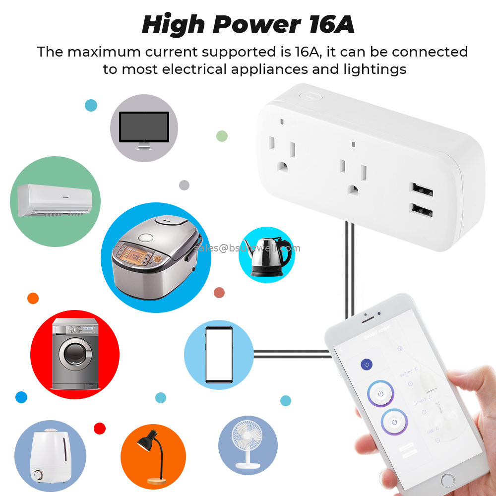 Wireless Remote Voice Adapter Charging Port Timer Google Home Alexa 16A US Plug Tuya Wifi Smart Usb Socket