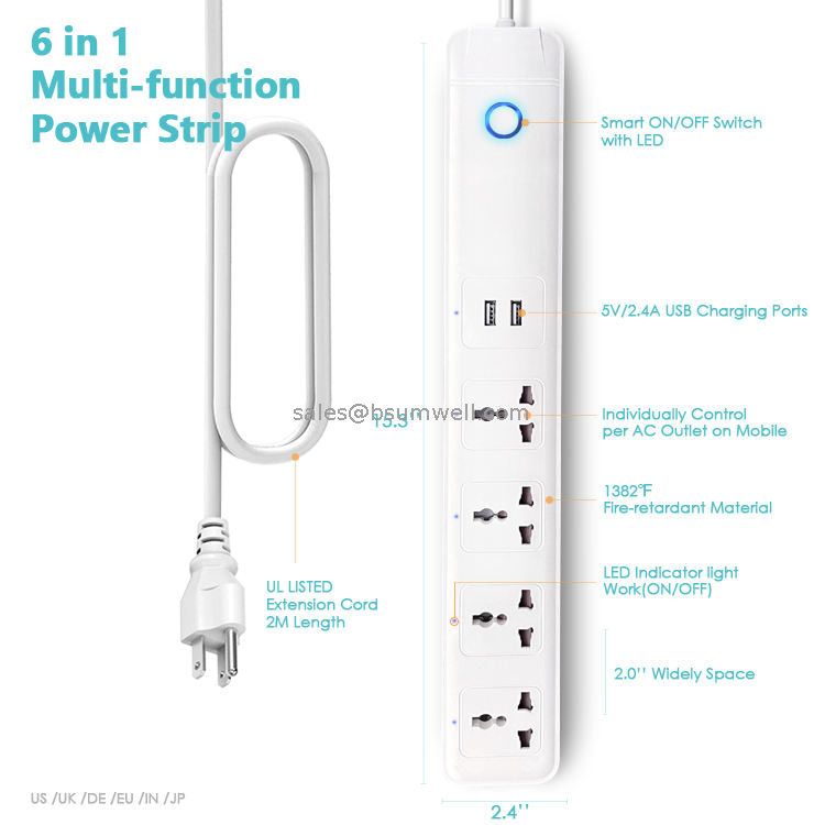 Multi Plug 10A Ac Outlet Surge Protector Power Strip With 2 Usb Charger Universal Smart Power Socket Strip