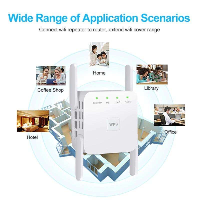 1200Mbps WiFi Repeater WiFi Signal Booster for Internet WiFi Range Extender 4 Antennas