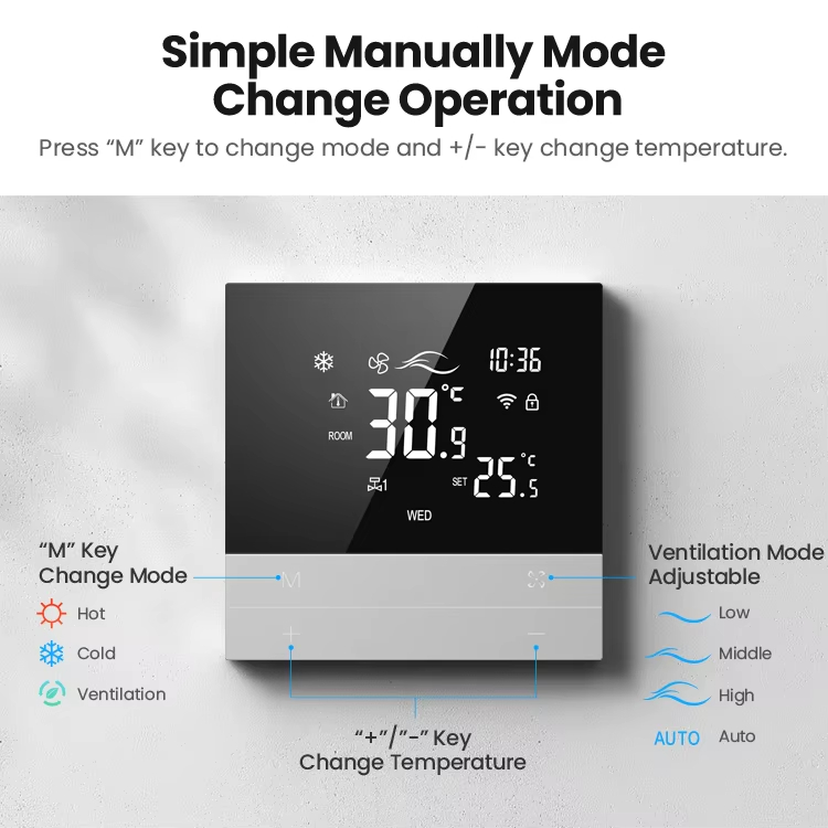 Simple Manually Mode Change operation. Press "M" key to change mode and +/- key change temperature.