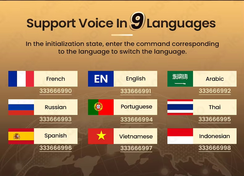 Support Voice in 9 Languages In the initialization state, enter the command corresponding to the language to switch the language.