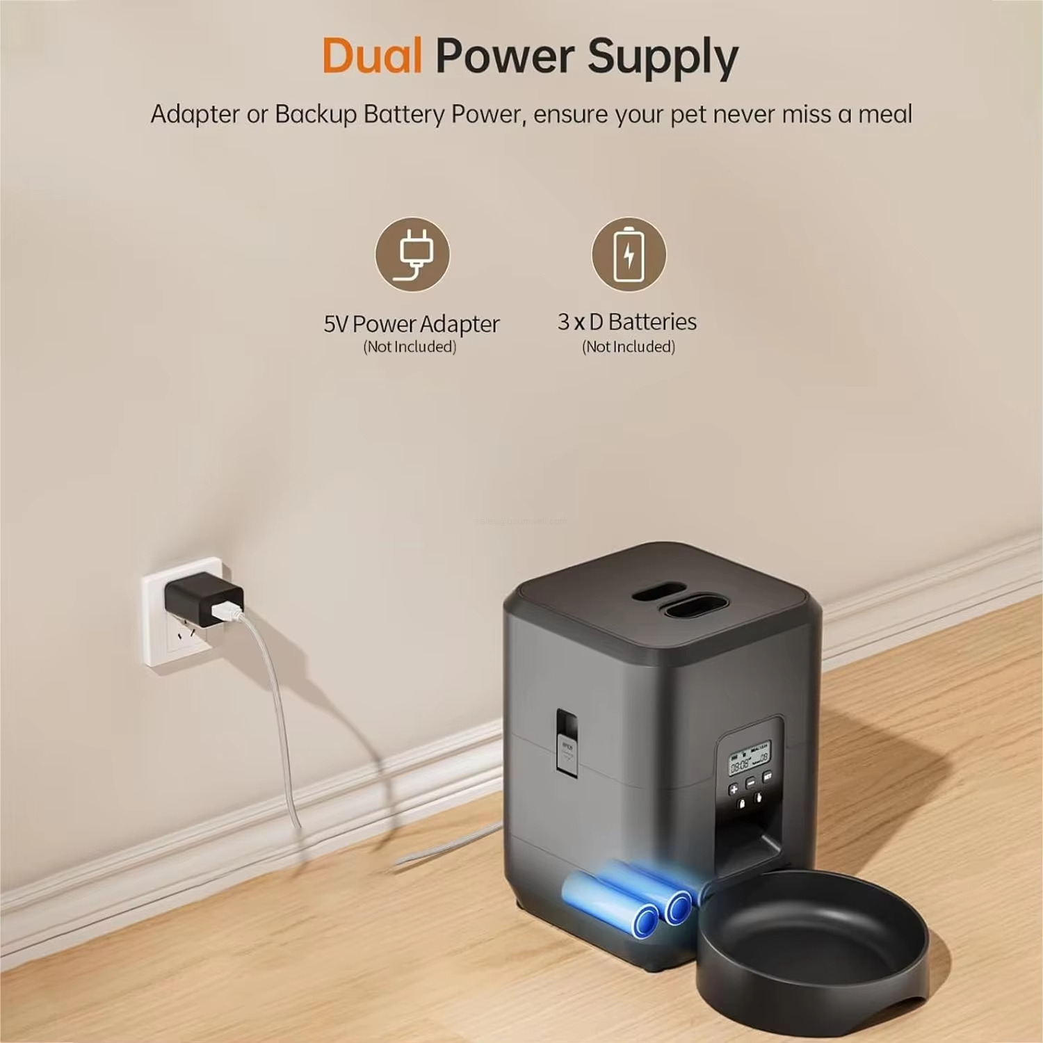 Dual Power Supply Adapter or Backup Battery Power, ensure your pet never miss a meal