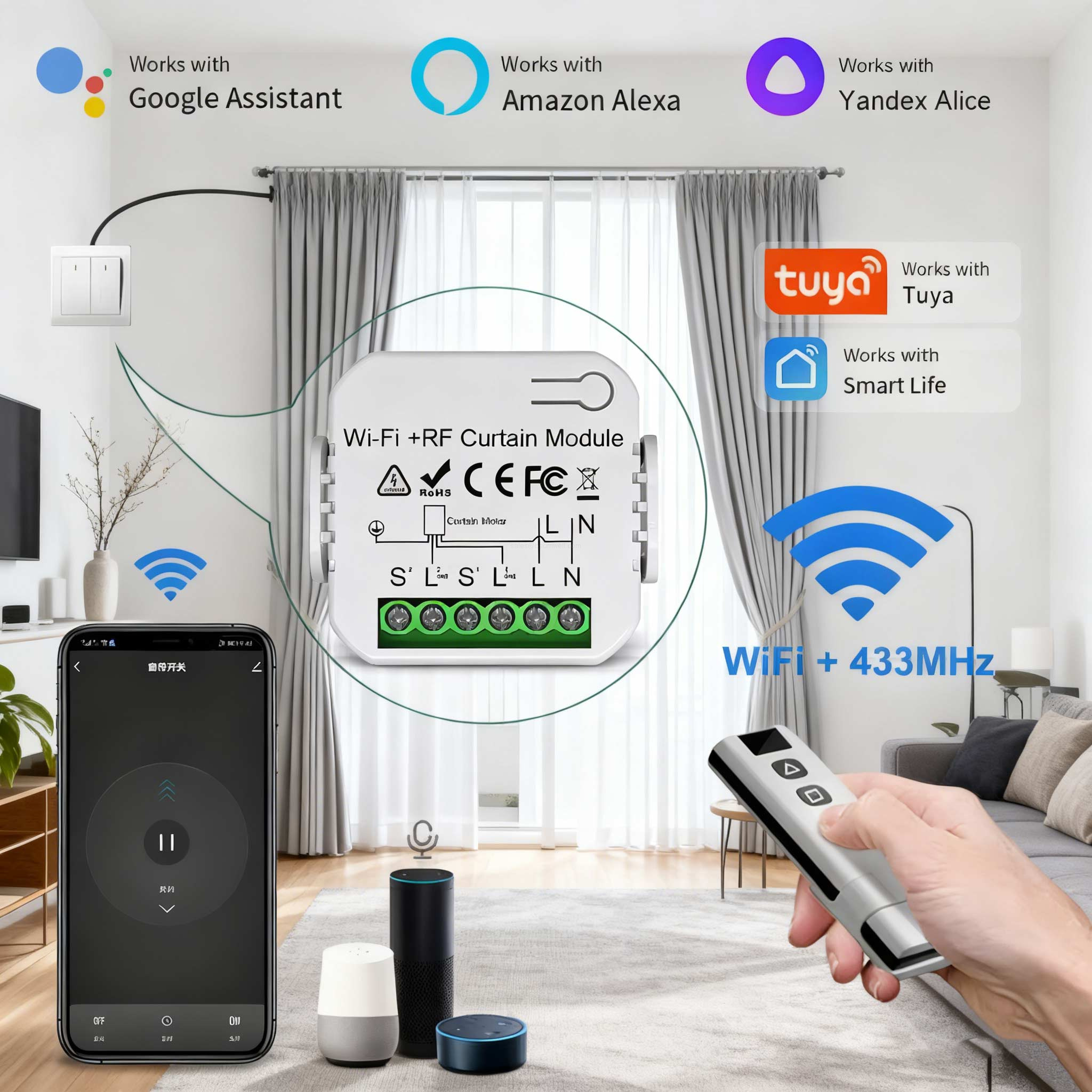 Smart WiFi+RF Curtain Switch Blind Motors Tuya APP 5-Channel Remote Control Learning/Rolling Code for Wireless On Off Garage 