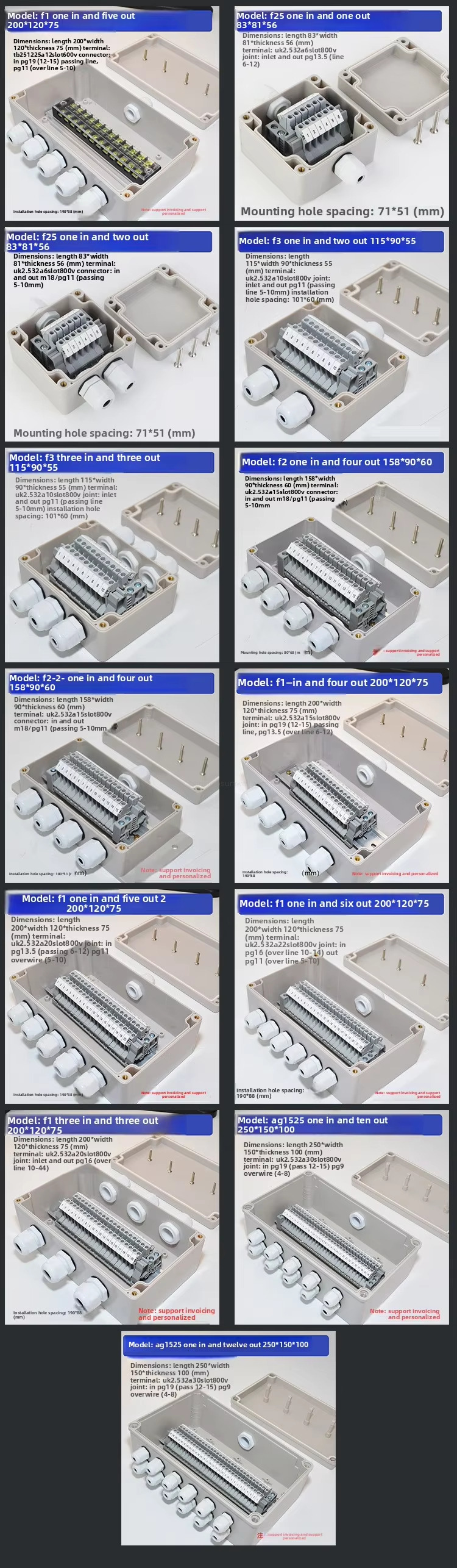 Model: fl one in and five out200*120*75 Dimensions: length 200*width120*thickness 75(mm)terminal:tb251225a12slot600v connector;in pg19(12-15) passing line,pg11(over line 5-10)