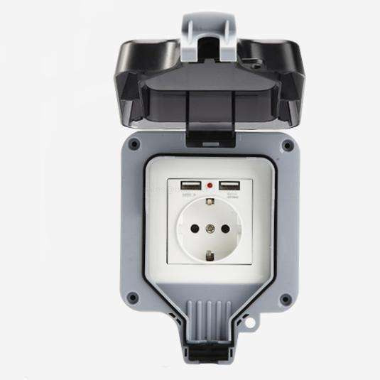 Double Socket Outdoor EU Standard IP66 Weatherproof Wall Power Outlet German Schuko Type Electrical Receptacle Box with Lockable Cover for Exterior Garden