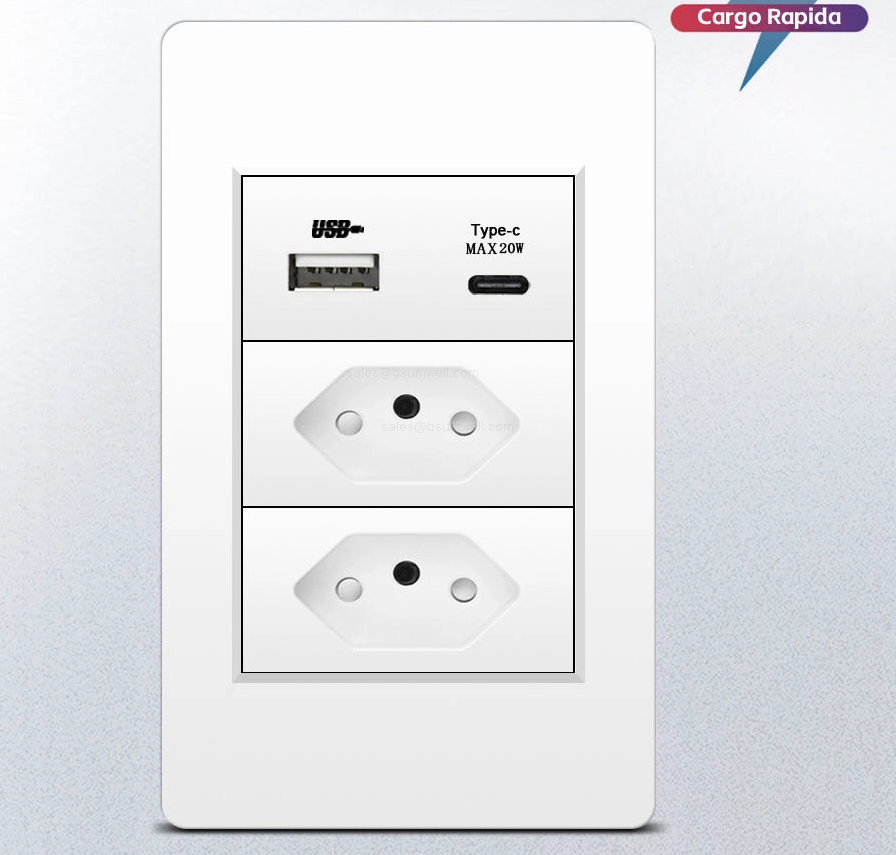Brazil Standard Wall Socket 20W Fast Charging Type C USB Ports Fireproof PC Panel 118*72mm Embedded Electrical Outlet Grey Black White Gold