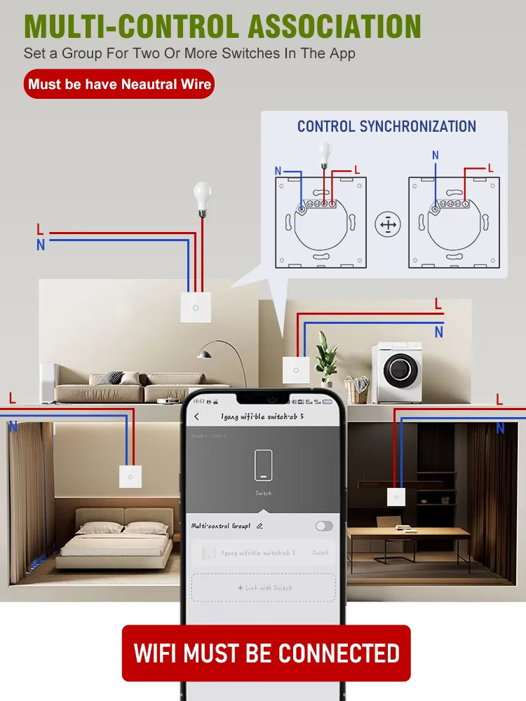 MULTI-CONTROL ASSOCIATION Set a Group For Two Or More Switches In The App Must be have Neautral Wire
