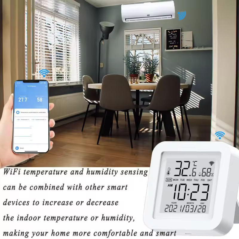 2024 New Multifunction Digital Display Indoor Tuya Smart Wifi Humidity Temperature Sensor Work With Google Alexa