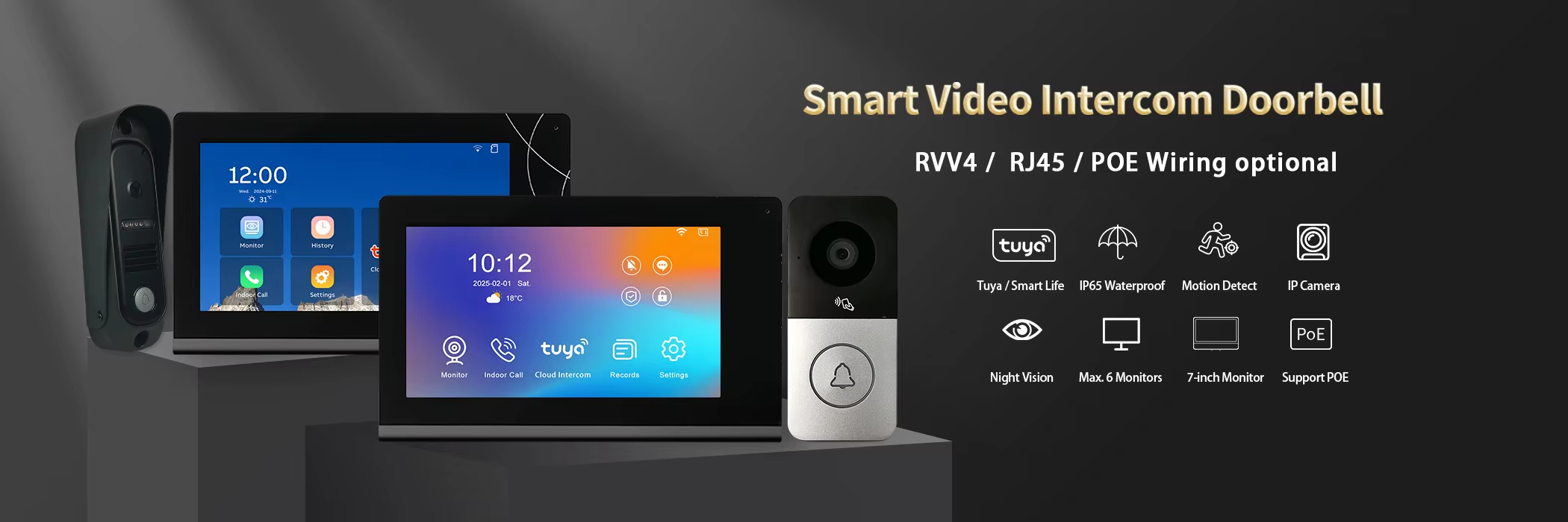 Smart Video Intercom Doorbell，RVV4 / RJ45 /POE Wiring optional Tuya /Smart Life, lP65 Waterproof, Motion Detect,iP Camera Night Vision, Max. 6 Monitors,7-inch Monitor, Support POE