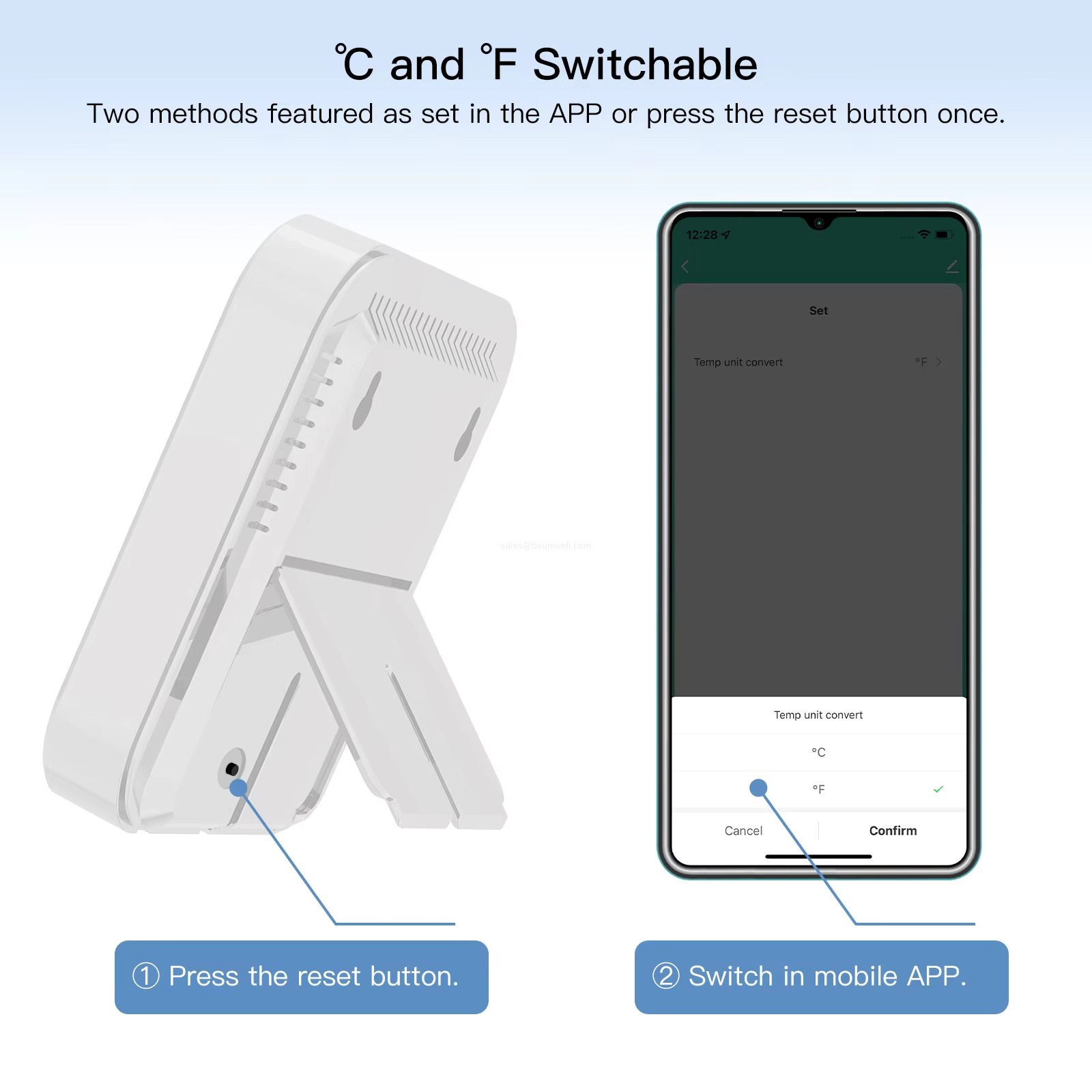 Two methods featured as set in the APP or press the reset button once.