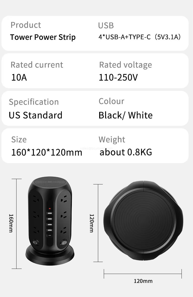 Tower Power Strip Extension Socket 12 AC & 4 USB 1 TYPE-C
