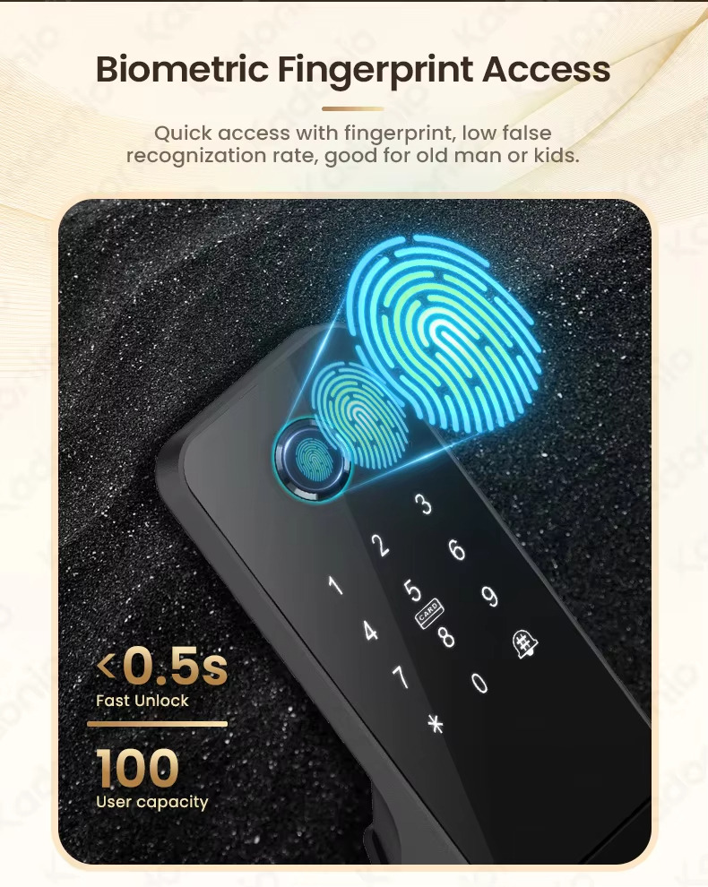 SMART RIM DOOR LOCK Universal left and right door opening 5-in-one unlocking ways. SMART RIM DOOR LOCK Universal left and right door opening 5-in-one unlocking ways. ADVANCED FEATURES Fingerprint Unlock; Password Unlock; Card Unlock; WiFi; APP Unlock; Key Unlock; Temporary Password; Waterproof Dustproof; Emergency Charging. ADVANCED FEATURES Fingerprint Unlock; Password Unlock; Card Unlock; WiFi; APP Unlock; Key Unlock; Temporary Password; Waterproof Dustproof; Emergency Charging. Support Voice in 9 Languages In the initialization state, enter the command corresponding to the language to switch the language. Support Voice in 9 Languages In the initialization state, enter the command corresponding to the language to switch the language. Detail-09 Biometric Fingerprint Access Quick access with fingerprint, low false recognization rate, good for old man or kids.
