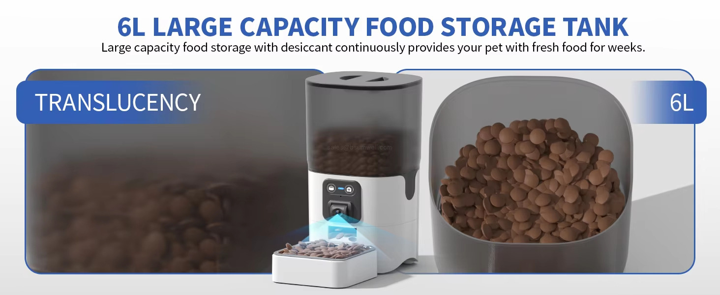 6L LARGE CAPACITY FOOD STORAGE TANKLarge capacity food storage with desiccant continuously provides your pet with fresh food for weeks.