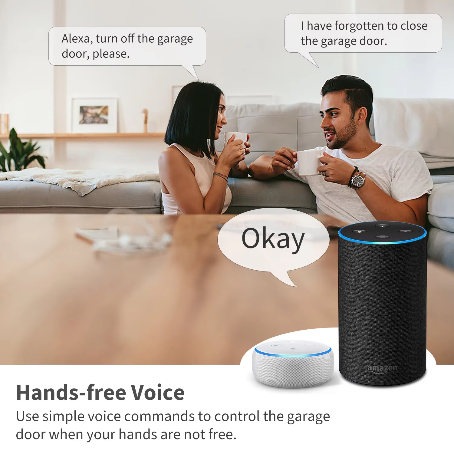 Hands-free Voice Use simple voice commands to control the garagedoor when your hands are not free.