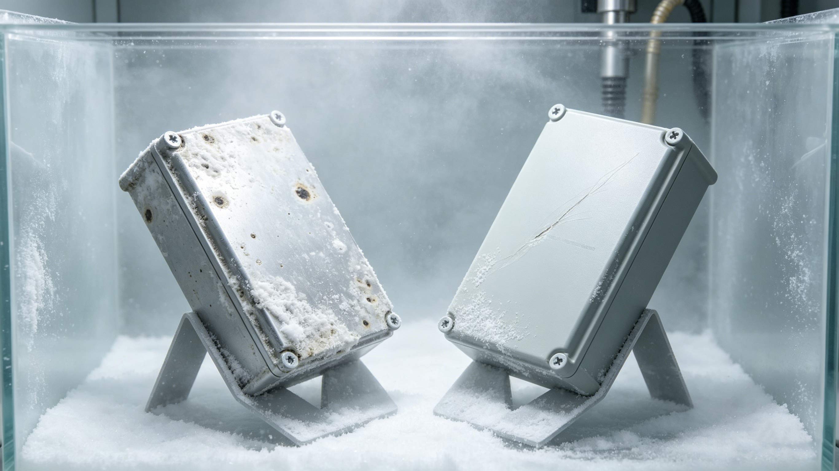 bare aluminum junction box shows severe white rust and pitting after 240 hours vs powder coated aluminum box remains corrosion-free after 480 hours.png.jpg