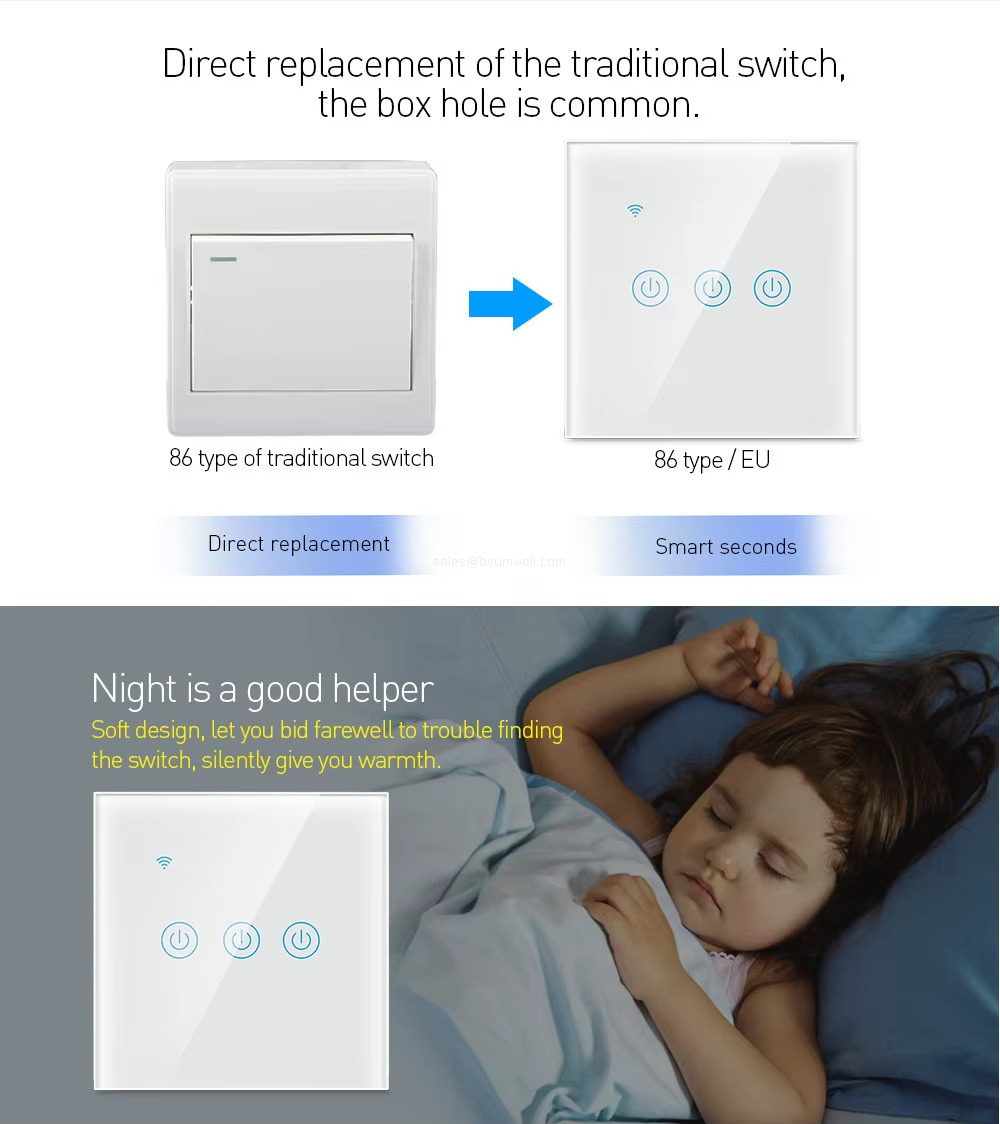 Direct replacement of the traditional switch the box hole is common. Night is a good helper Soft design, let you bid farewell to trouble finding the switch, silently give you warmth.