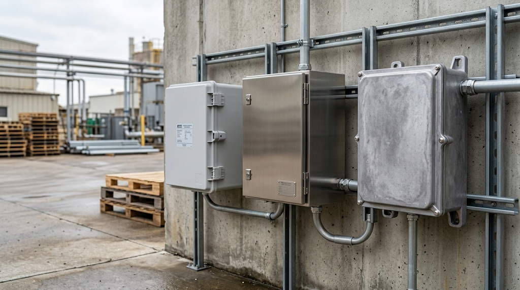 Plastic vs metal electrical enclosure comparison - PC ABS, stainless steel and aluminum material selection for B2B buyers.png