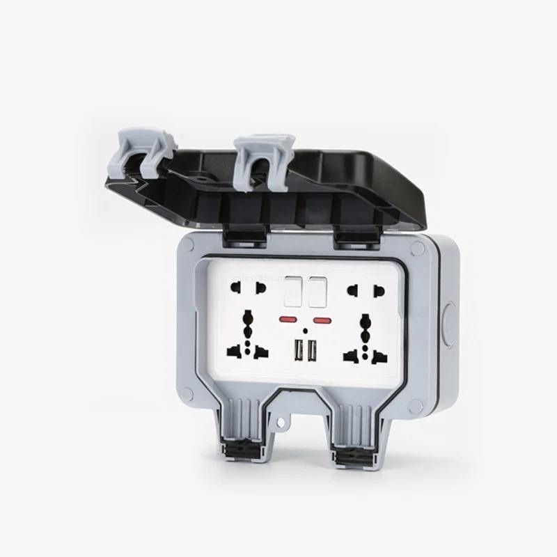 IP66 Waterproof Outdoor Wall Socket Universal Plug Dual USB Ports Weatherproof Electrical Receptacle Box