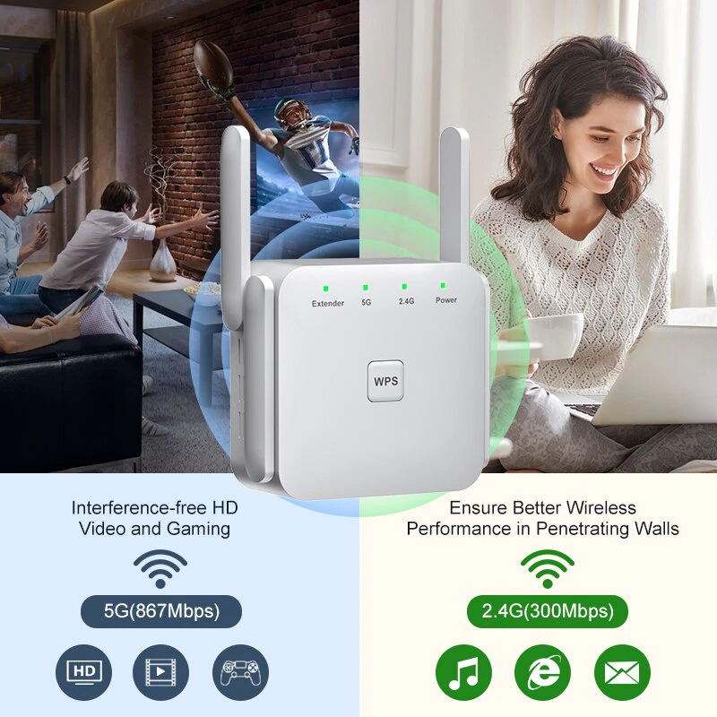 1200Mbps WiFi Repeater WiFi Signal Booster for Internet WiFi Range Extender 4 Antennas