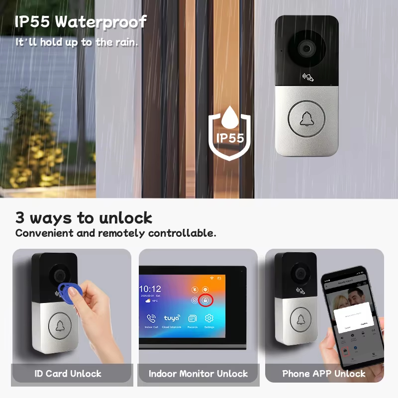 IP55 Waterproof, It 'll hold up to the rain. 3 ways to unlock Convenient and remotely controllable: ID Card Unlock Indoor Monitor Unlock Phone APP Unlock