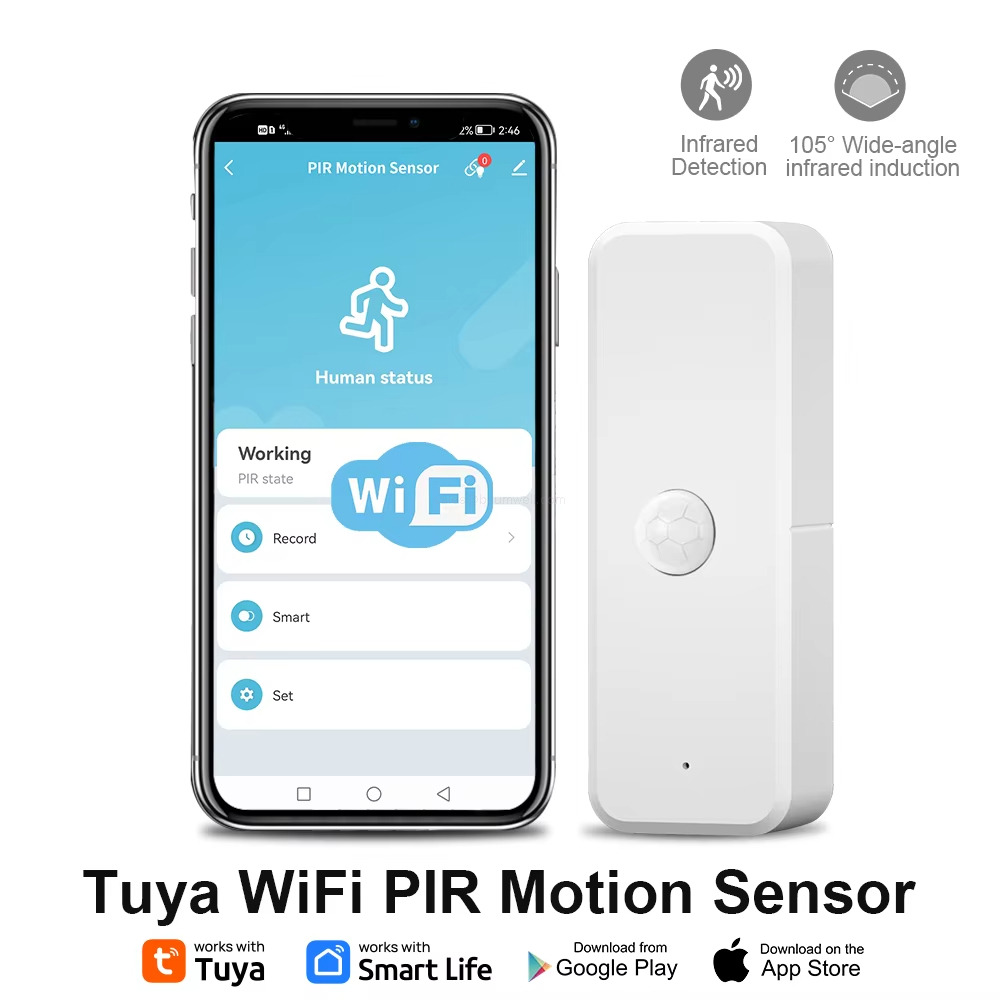 Tuya WiFi PlR Motion Sensor works withworks withSmart Life Download fromGoogle Play Download on theApp Store t Tuya