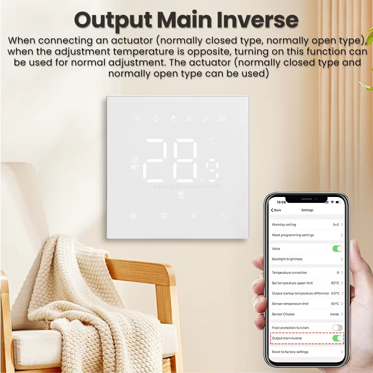 Output Main Inverse When connecting an actuator (normally closed type, normally open type), when the adiustment temperature is opposite, turning on this function canbe used for normal adiustment. The actuator (normally closed type andnormally open type can be used)